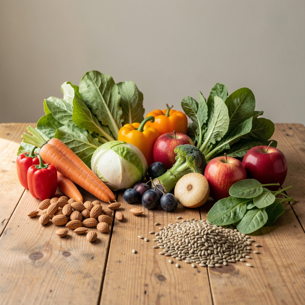 Table en bois naturel avec une disposition élégante de légumes frais colorés, fruits, noix et graines sur fond neutre, lumière naturelle douce, style éditorial culinaire